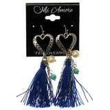 Heart Dangle-Earrings With Tassel Accents Silver-Tone & Blue Colored #1048