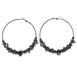Silver-Tone & Purple Colored Metal Hoop-Earrings With Crystal Accents #1063