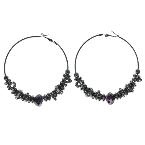 Silver-Tone & Purple Colored Metal Hoop-Earrings With Crystal Accents #1063