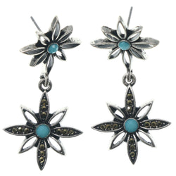 Flower Dangle-Earrings With Crystal Accents Silver-Tone & Blue Colored #1106