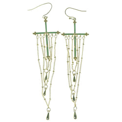 Cross Dangle-Earrings With Bead Accents Gold-Tone & Green Colored #1120