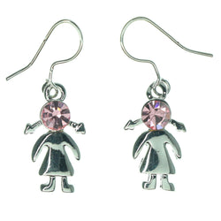 Girl Dangle-Earrings With Crystal Accents Silver-Tone & Pink Colored #1137