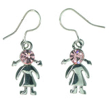 Girl Dangle-Earrings With Crystal Accents Silver-Tone & Pink Colored #1137
