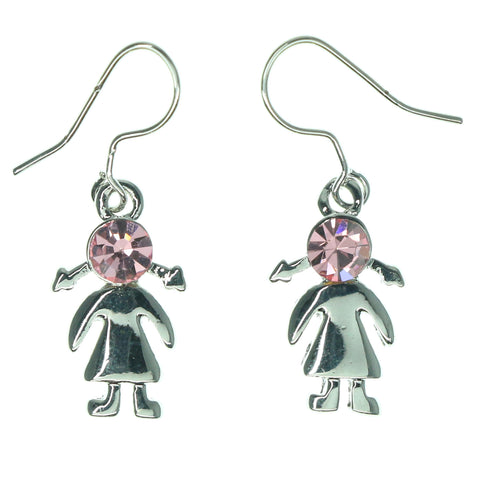 Girl Dangle-Earrings With Crystal Accents Silver-Tone & Pink Colored #1137
