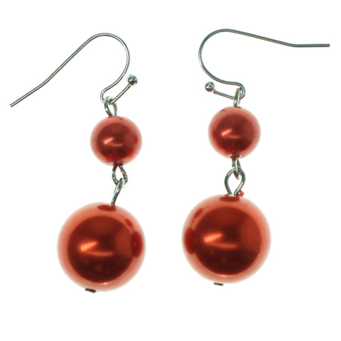 Red & Silver-Tone Colored Metal Dangle-Earrings With Bead Accents #1161