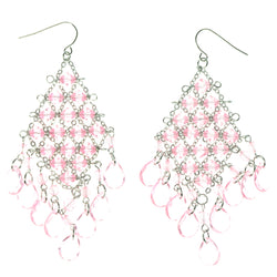 Pink & Silver-Tone Colored Metal Dangle-Earrings With Bead Accents #1165