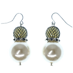 White & Black Colored Metal Dangle-Earrings With Bead Accents #1183