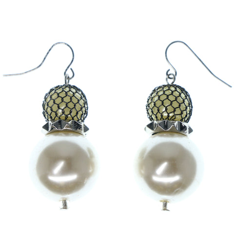 White & Black Colored Metal Dangle-Earrings With Bead Accents #1183