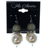 White & Black Colored Metal Dangle-Earrings With Bead Accents #1183