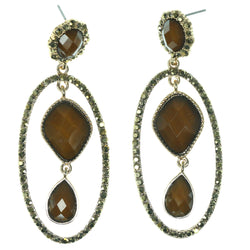 Brown & Gold-Tone Colored Metal Dangle-Earrings With Crystal Accents #1189