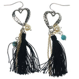 Heart Dangle-Earrings With Tassel Accents Silver-Tone & Black Colored #1191