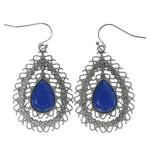 Silver-Tone & Blue Colored Metal Dangle-Earrings With Faceted Accents #1194