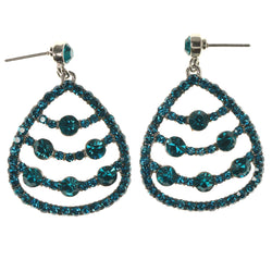 Blue & Silver-Tone Colored Metal Dangle-Earrings With Crystal Accents #1198