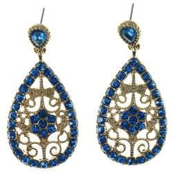Gold-Tone & Blue Colored Metal Dangle-Earrings With Crystal Accents #1200