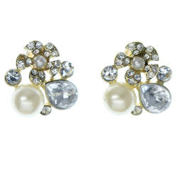 White & Gold-Tone Colored Metal Stud-Earrings With Crystal Accents #1236
