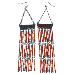 Red & Bronze-Tone Colored Metal Dangle-Earrings With Bead Accents #1244