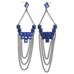 Silver-Tone & Blue Colored Metal Dangle-Earrings With Crystal Accents #1257