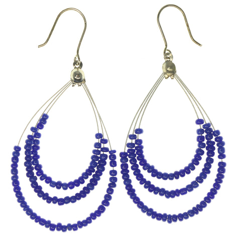 Blue & Silver-Tone Colored Metal Dangle-Earrings With Bead Accents #1261