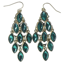 Gold-Tone & Green Colored Metal Chandelier-Earrings With Faceted Accents #1266