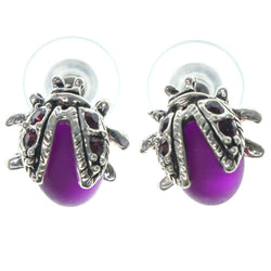 Beetle Stud-Earrings With Crystal Accents Silver-Tone & Purple Colored #1285
