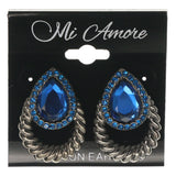 Blue & Silver-Tone Colored Metal Stud-Earrings With Crystal Accents #1300