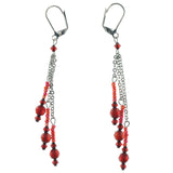 Red & Silver-Tone Colored Metal Dangle-Earrings With Bead Accents #1312
