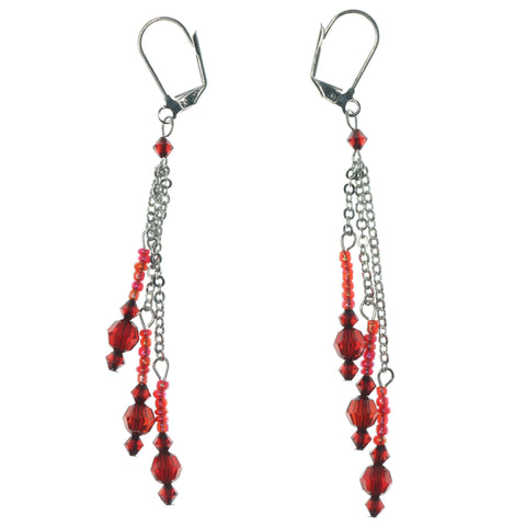 Red & Silver-Tone Colored Metal Dangle-Earrings With Bead Accents #1312