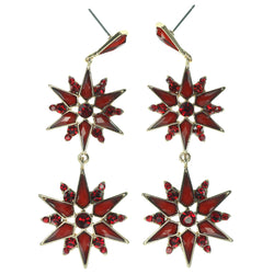 Red & Gold-Tone Colored Metal Dangle-Earrings With Crystal Accents #1333