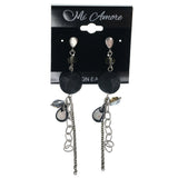 Silver-Tone & Black Colored Metal Dangle-Earrings With Stone Accents #1346