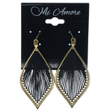 Gold-Tone & Black Colored Fabric Dangle-Earrings With Crystal Accents #1382