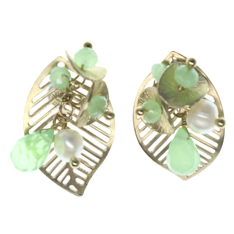 Leaf Stud-Earrings With Bead Accents Gold-Tone & Green Colored #1386