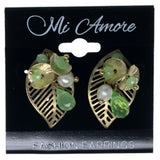 Leaf Stud-Earrings With Bead Accents Gold-Tone & Green Colored #1386