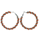 Silver-Tone & Orange Colored Metal Hoop-Earrings With Bead Accents #1395