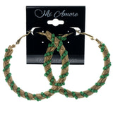 Gold-Tone & Green Colored Metal Hoop-Earrings With Bead Accents #1396