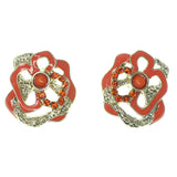 Flower Stud-Earrings With Crystal Accents Orange & Gold-Tone Colored #1438