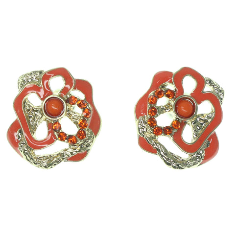 Flower Stud-Earrings With Crystal Accents Orange & Gold-Tone Colored #1438