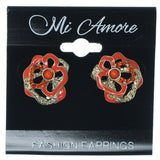 Flower Stud-Earrings With Crystal Accents Orange & Gold-Tone Colored #1438