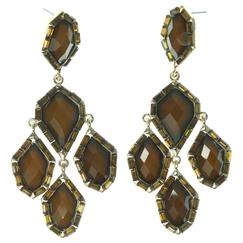 Brown & Gold-Tone Colored Metal Dangle-Earrings With Faceted Accents #1470