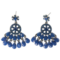 Silver-Tone & Blue Colored Metal Dangle-Earrings With Crystal Accents #1480