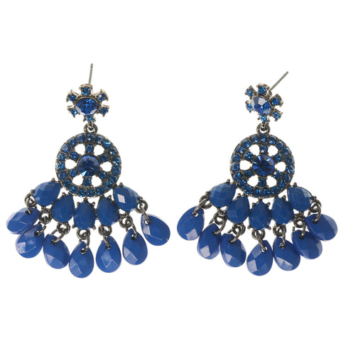Silver-Tone & Blue Colored Metal Dangle-Earrings With Crystal Accents #1480