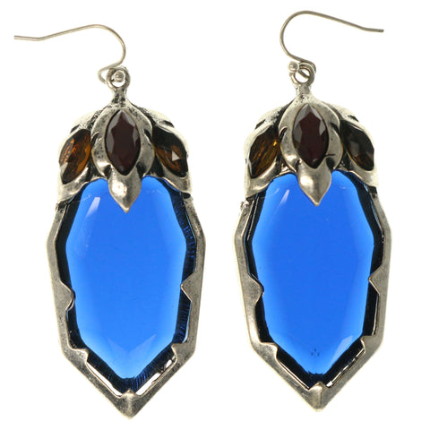 Blue & Silver-Tone Colored Metal Dangle-Earrings With Faceted Accents #1492