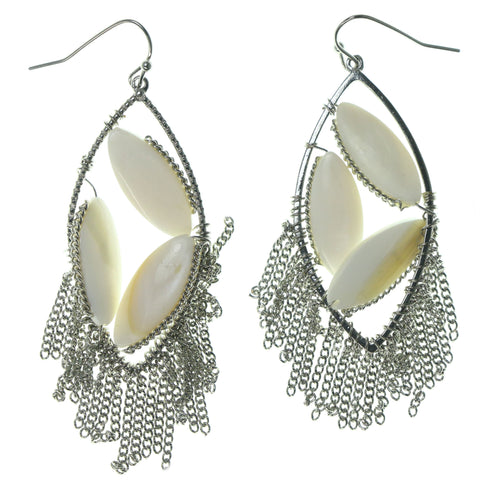 Silver-Tone & White Colored Metal Dangle-Earrings With Stone Accents #1501
