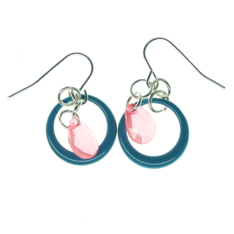 Blue & Pink Colored Metal Dangle-Earrings With Faceted Accents #1536