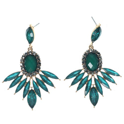 Green & Gold-Tone Colored Metal Dangle-Earrings With Crystal Accents #1556