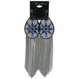 Flower Dangle-Earrings With Crystal Accents Silver-Tone & Blue Colored #1592