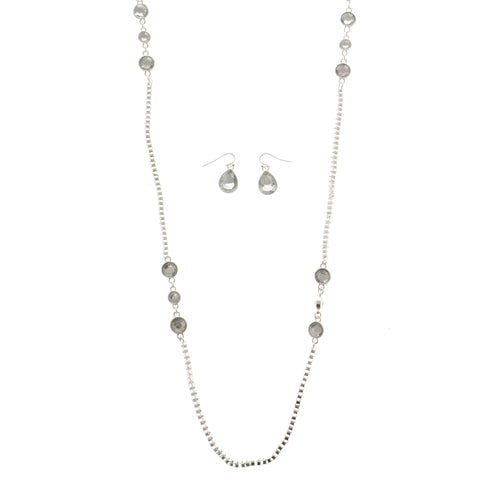 Silver-Tone Metal Long-Necklace Jewelry Set With Crystal Accents #2683