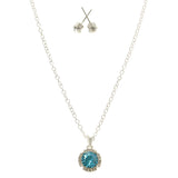 Adjustable Length Matching Earrings Pendant-Necklace Jewelry Set With Crystal Accents Blue & Silver-Tone Colored #2503