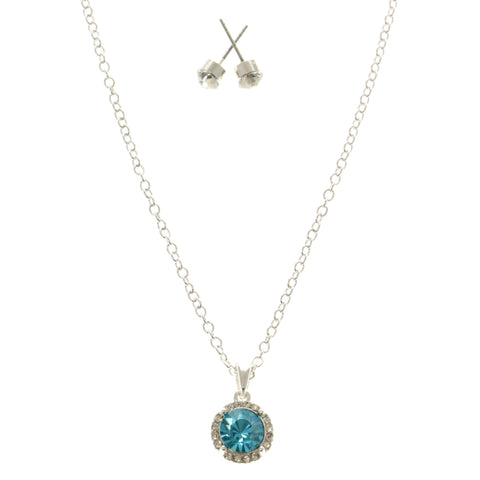 Adjustable Length Matching Earrings Pendant-Necklace Jewelry Set With Crystal Accents Blue & Silver-Tone Colored #2503