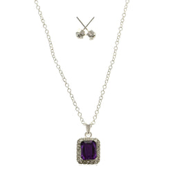 Adjustable Length Matching Earrings Pendant-Necklace Jewelry Set With Crystal Accents Purple & Silver-Tone Colored #2524