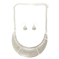 Adjustable Length Matching Earrings Statement-Necklace Jewelry Set Silver-Tone Color  #2540
